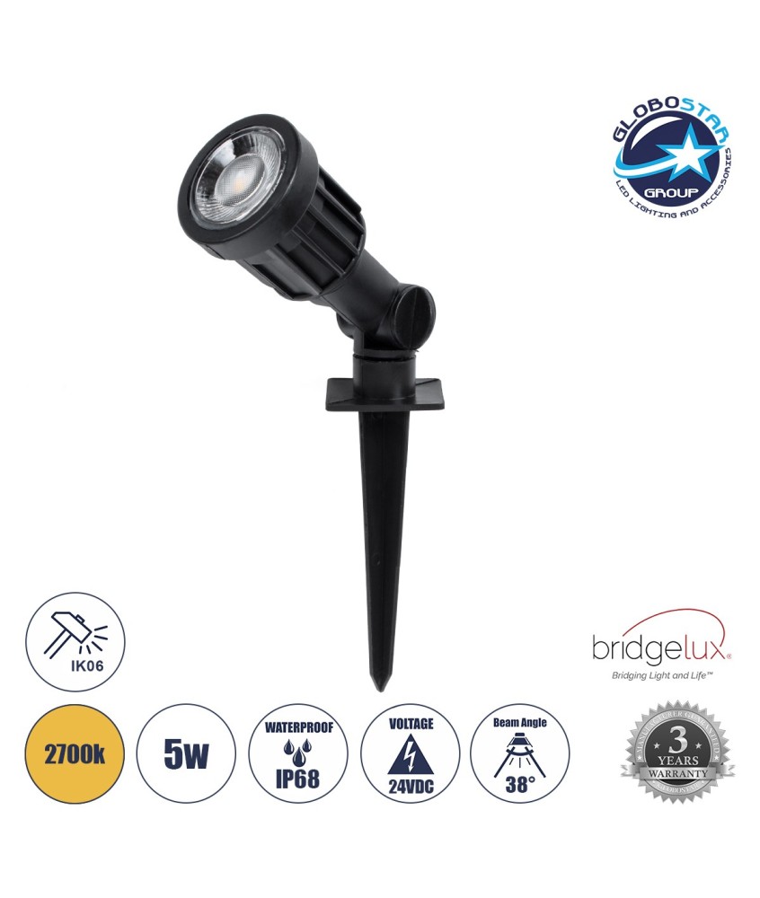 GLOBOSTAR® GARDENINI 61543 Φωτιστικό Σποτ για Φυτά - Δέντρα με Βάση Κήπου - Καρφωτό LED 5W 650lm 38° DC 24V Αδιάβροχο IP68 Θερμό Λευκό 2700K Dimmable - Lumileds SMD Chip - Μαύρο - Μ5.5 x Π5.5 x Υ13.5cm - 3 Χρόνια Εγγύηση